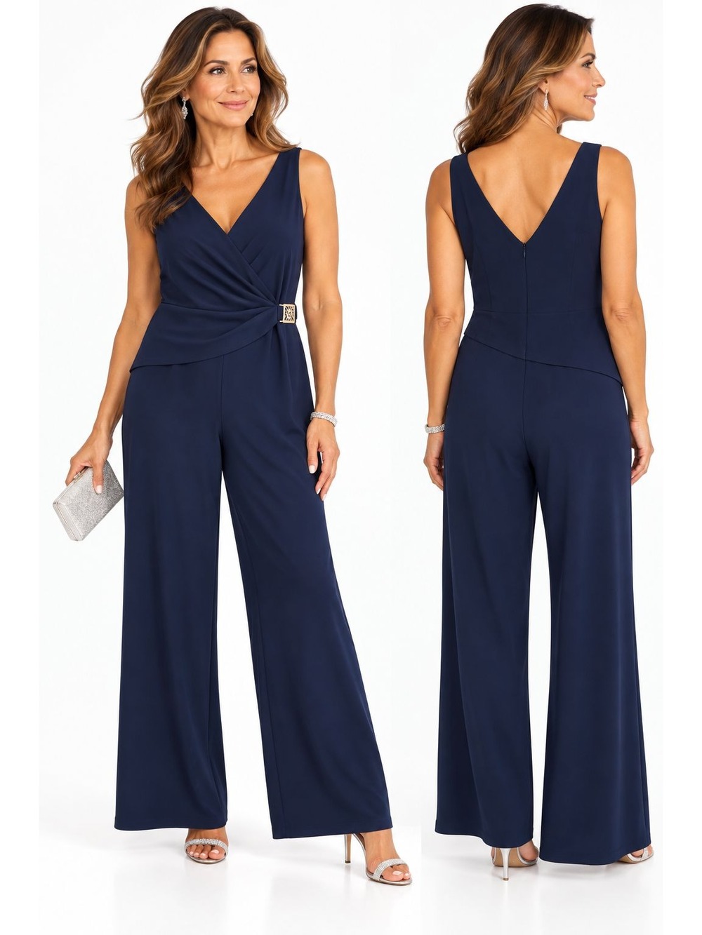 Anne Klein 14 Navy Sleeveless Wide-Leg Jumpsuit Wrap Detail Eveningwear